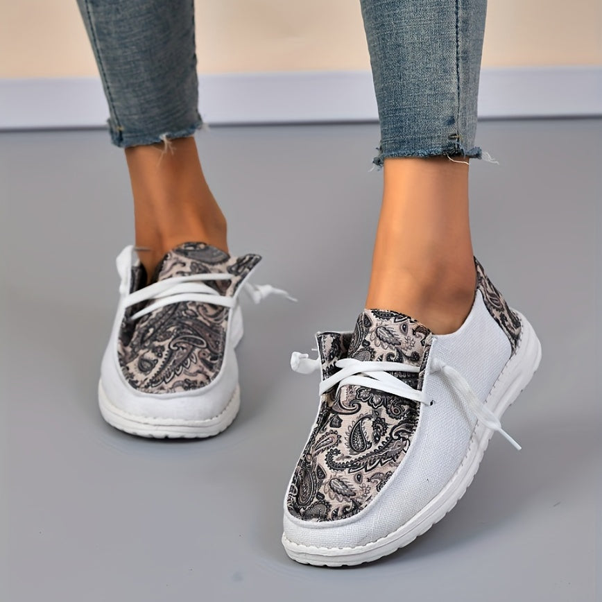 Paisley Print Canvas Lace-Up Loafers Low Top Sneakers