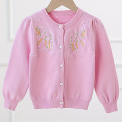Girls' Floral Embroidered Knit Sweater Cardigan