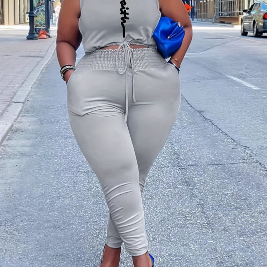 Plus Cross Print Drawstring Crop Tank & Leggings Outfit