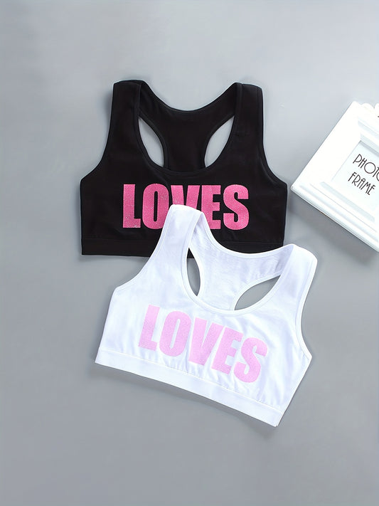 Girls Sports Bra LOVES Print No Steel Ring Breathable Soft Racerback Bra