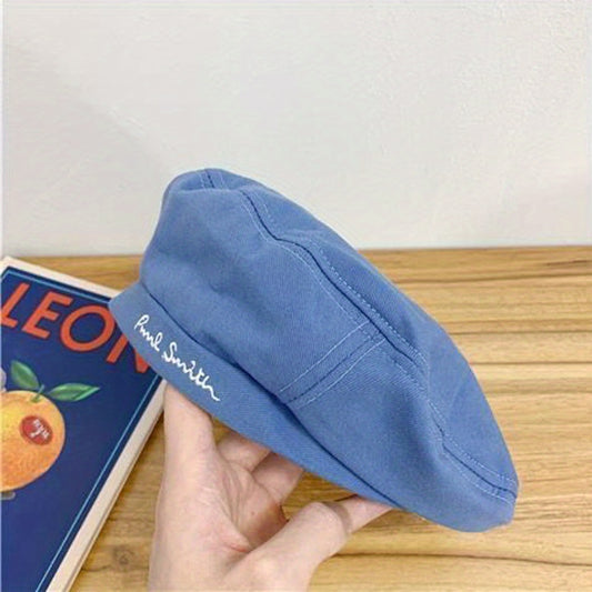 Vintage Style Letter Embroidery Solid Beret Thin Lightweight Painter Cap