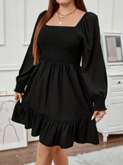  Solid Lantern Sleeve Square Neck Ruffle Dress