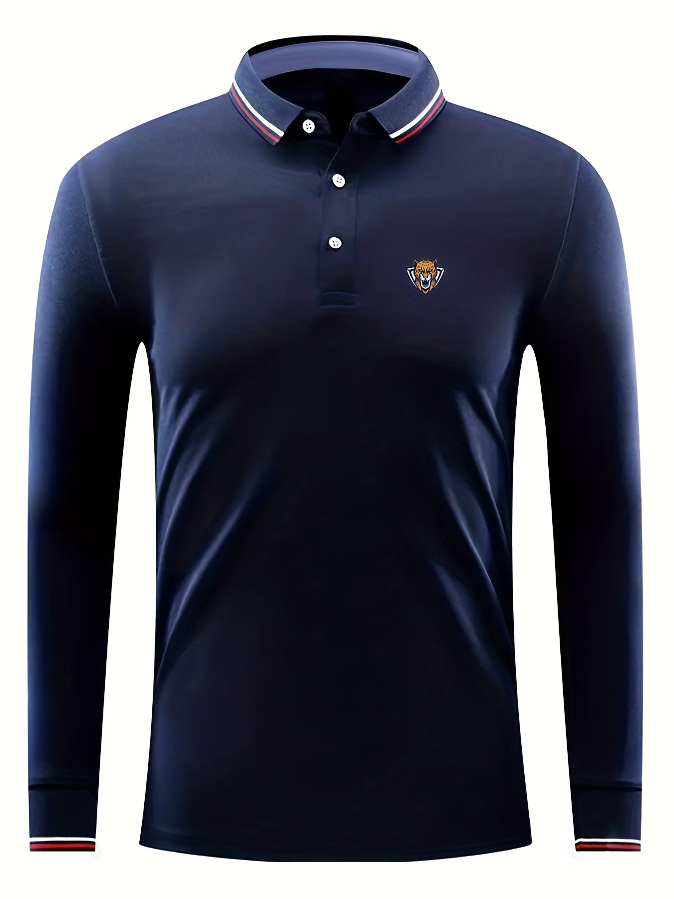 Men's Leopard Head Print Long Sleeve Polo Shirt Casual Slightly Stretch