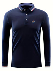 Men's Leopard Head Print Long Sleeve Polo Shirt Casual Slightly Stretch