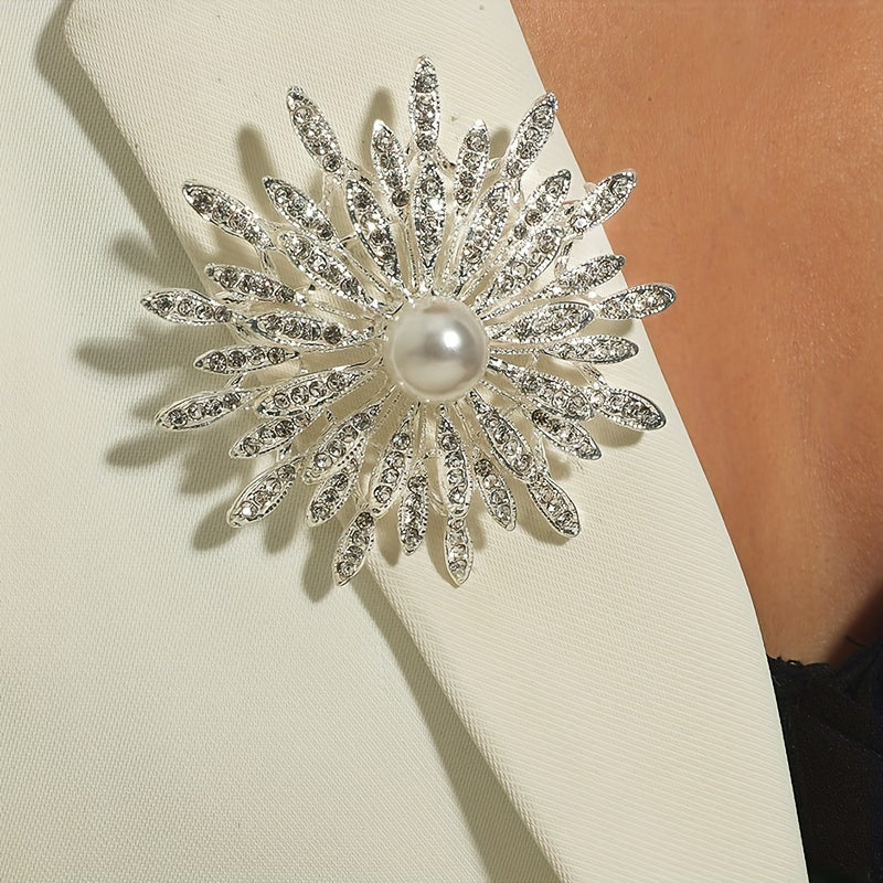 Double Layer Flower Brooch Pin Faux Pearls Ladies Accessory