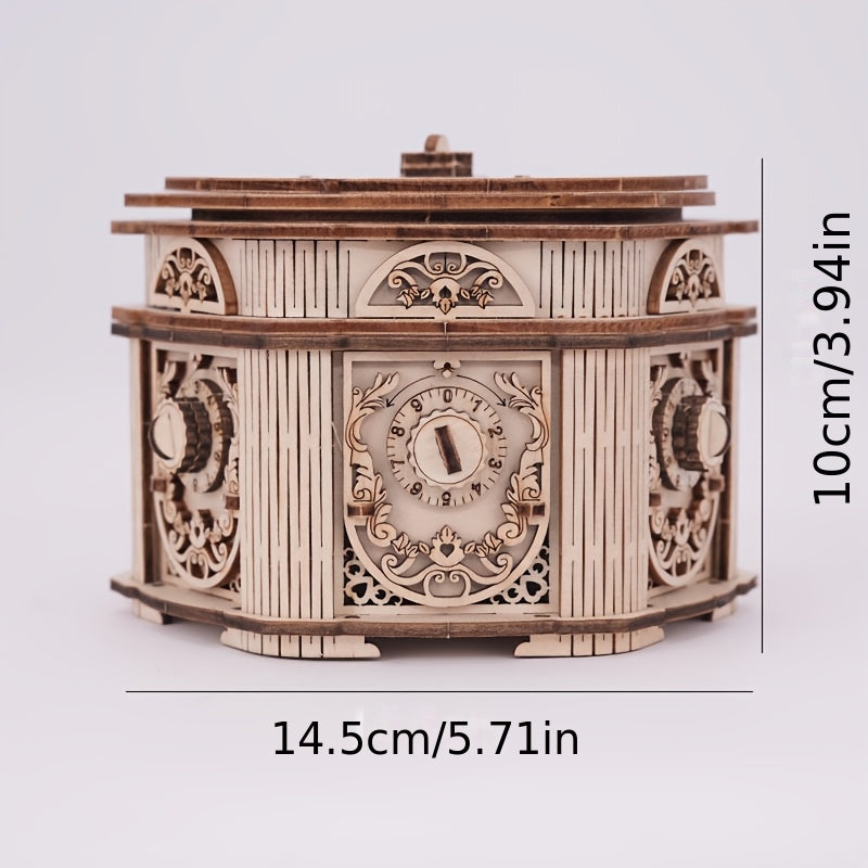 Vintage 3D Puzzle Music Box Layered Mechanical Intricate Carvings Beige Wooden