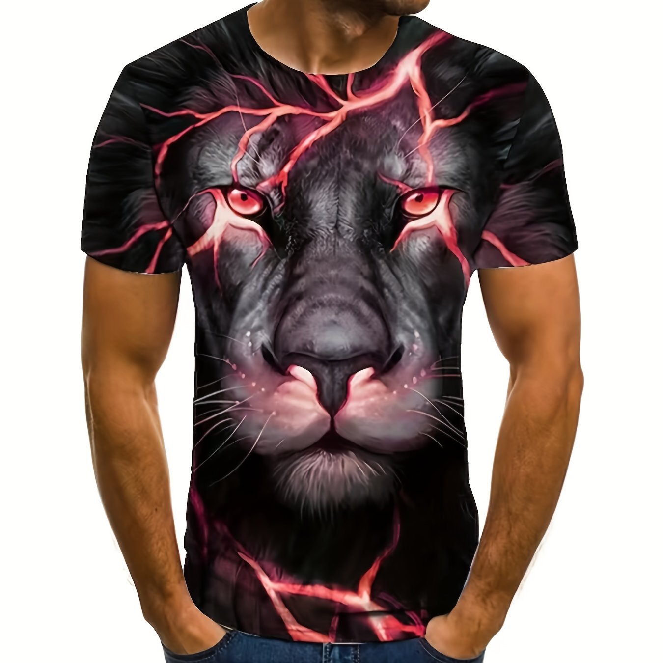 Men's Lion Print Short Sleeve T Shirt Breathable Comfort for Spring & Summer
