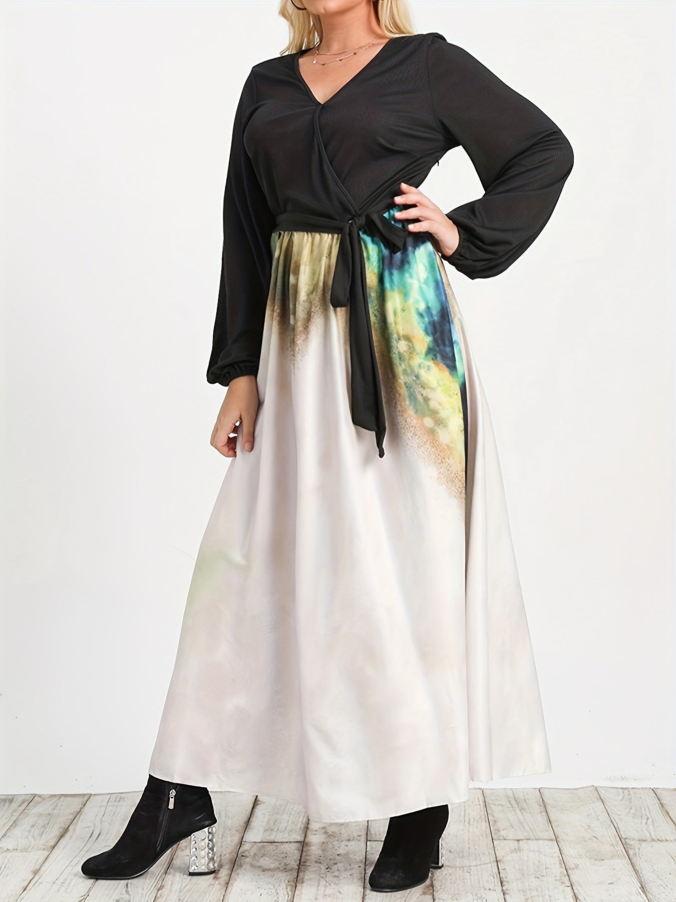  Colorblock Floral Print V Neck Maxi Dress