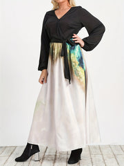  Colorblock Floral Print V Neck Maxi Dress