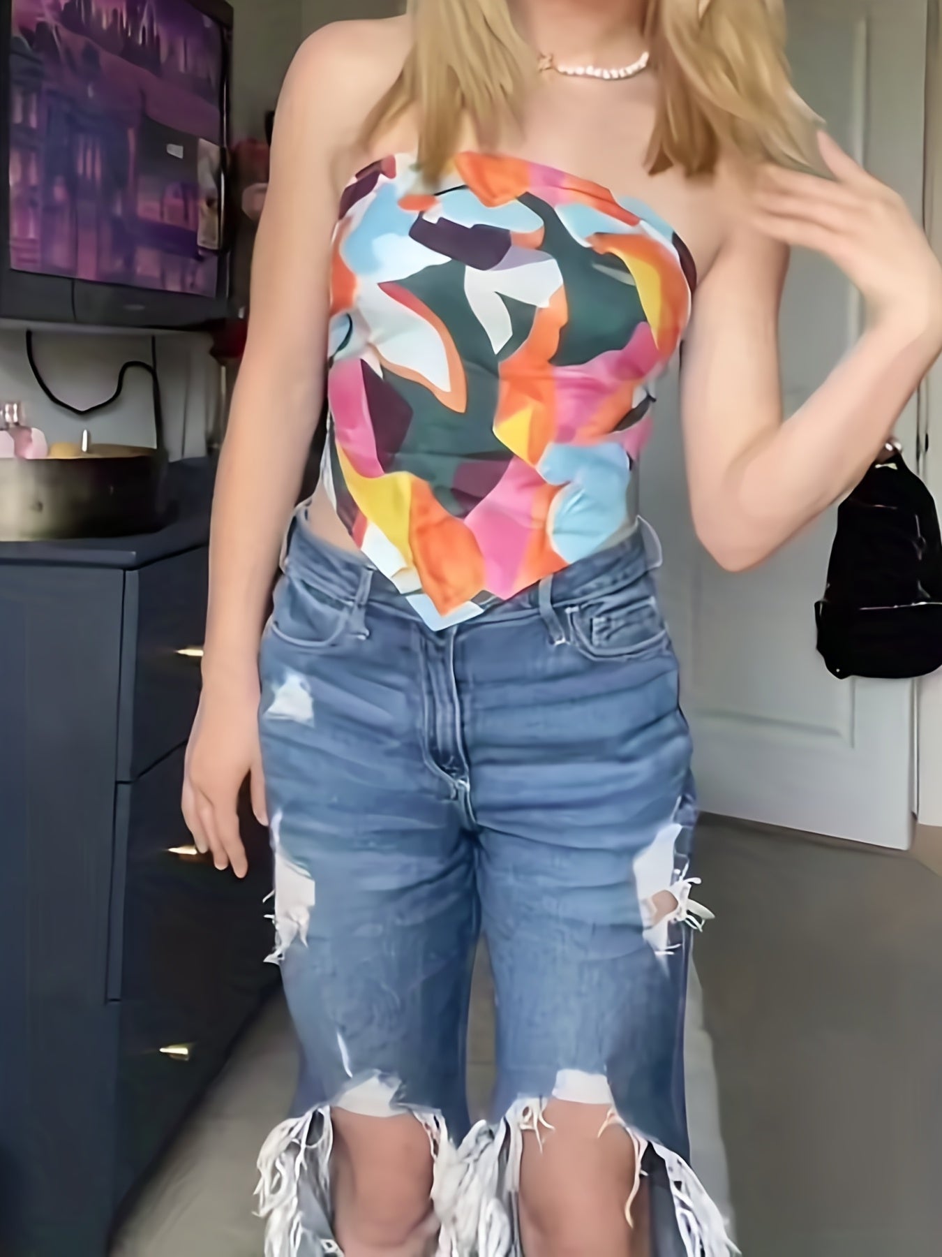 Abstract Print Tube Top Strapless Summer Casual Women's Clothing