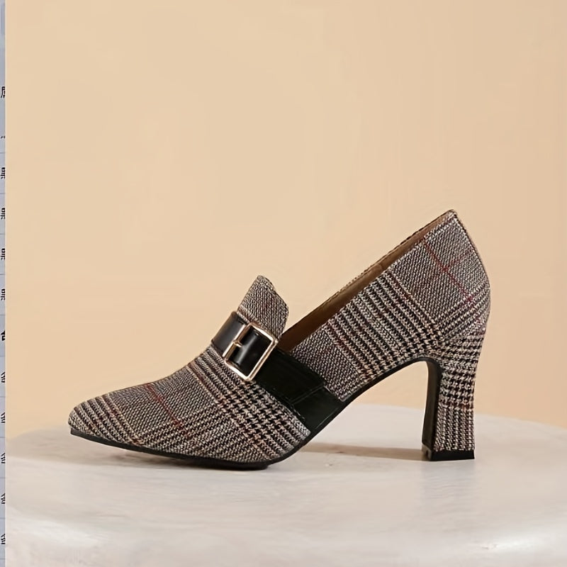 Women's Plaid Court Pumps Buckle Strap High Heels