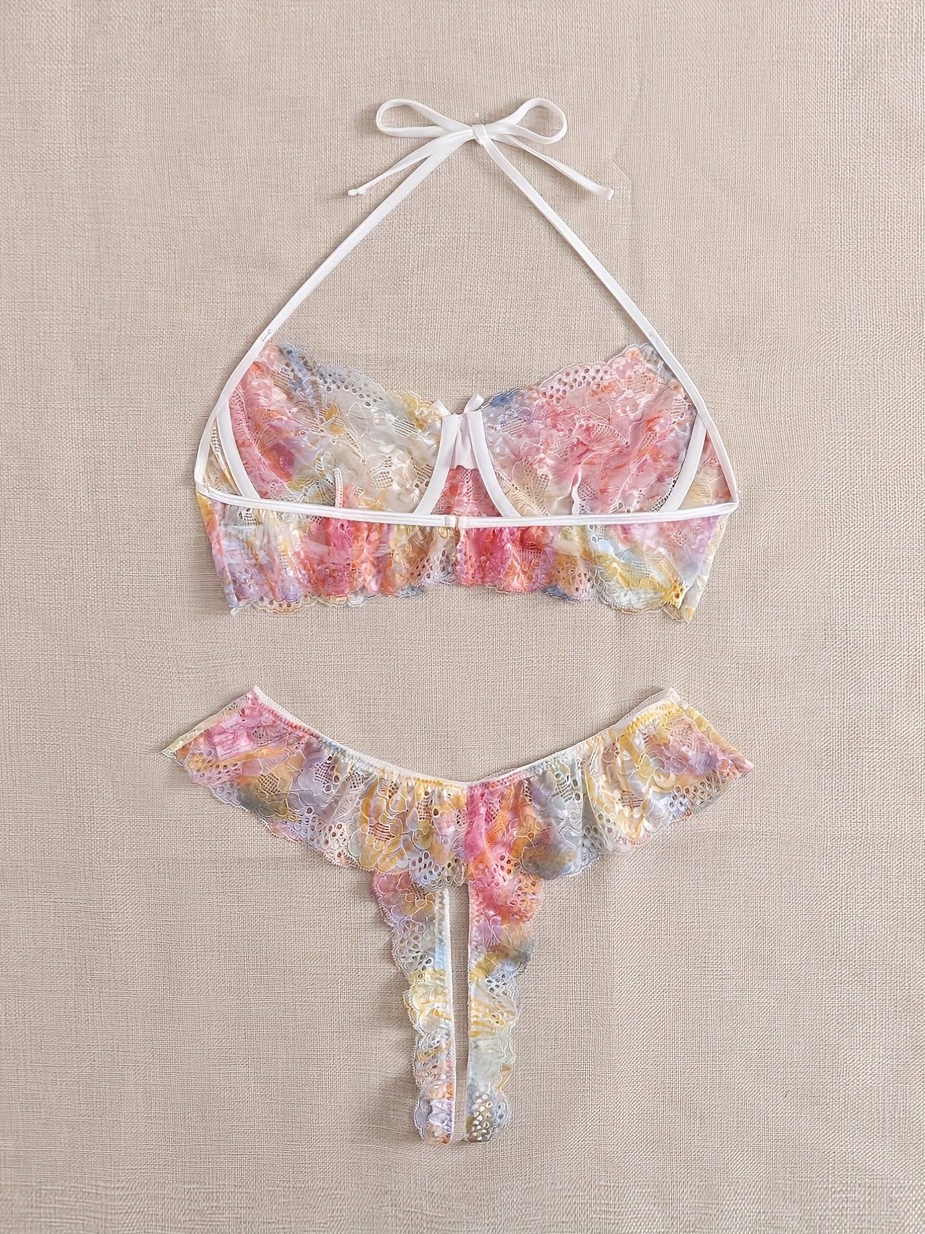  Tie Dye Floral Lace Halter Bra & Panty Set