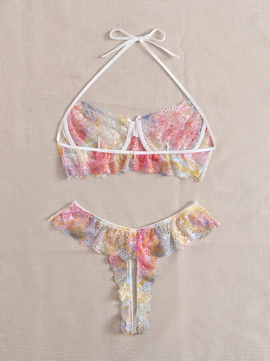  Tie Dye Floral Lace Halter Bra & Panty Set