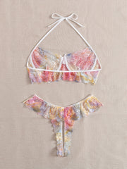  Tie Dye Floral Lace Halter Bra & Panty Set