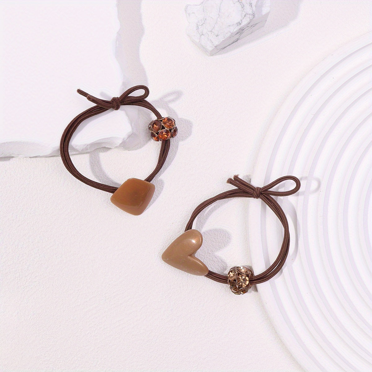 2pcs Heart Geometric Decor Hair Tie Elastic Hair Rope Glitter Rhinestone