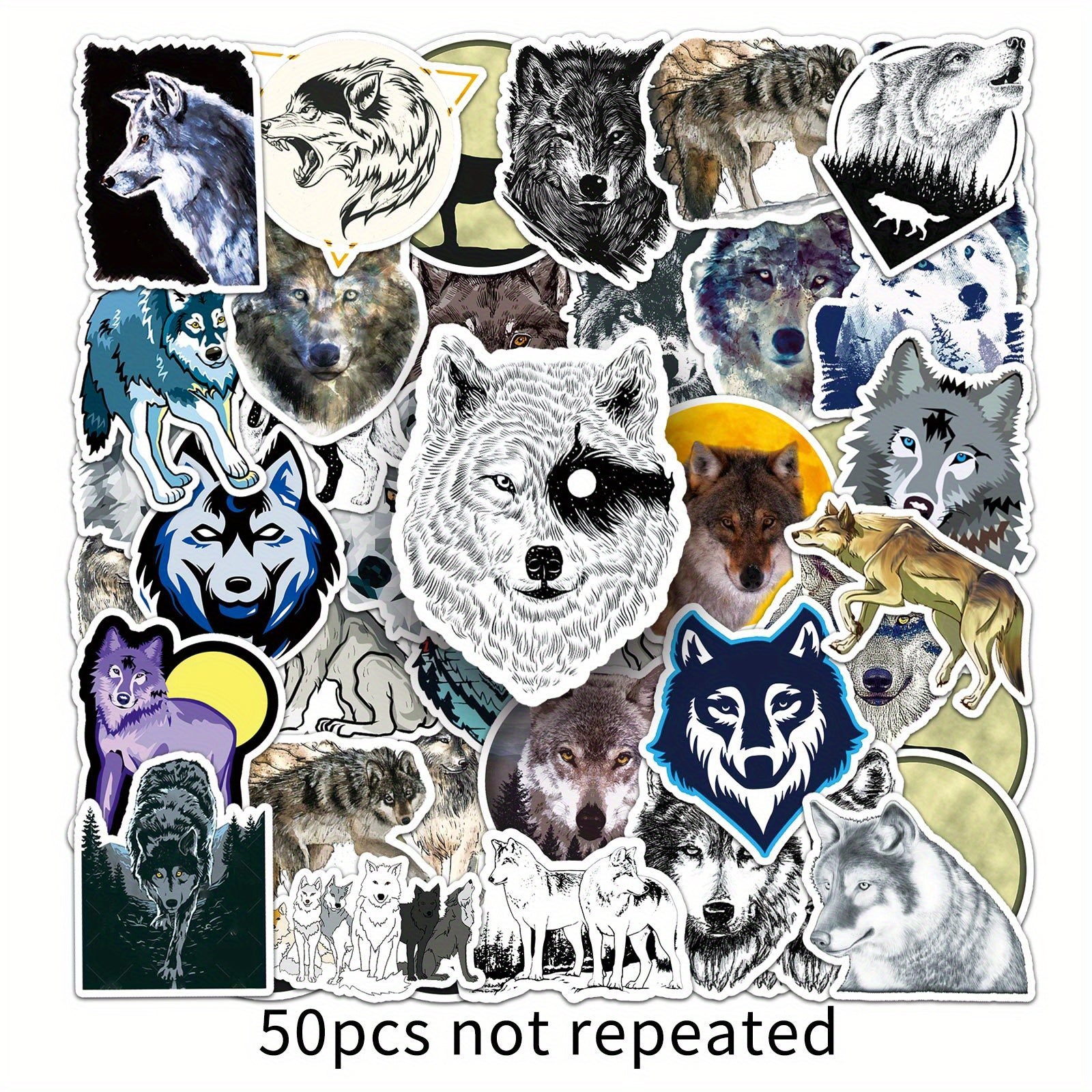 50pcs Wolf Pattern Waterproof Stickers for Water Bottles Laptops Scrapbooks