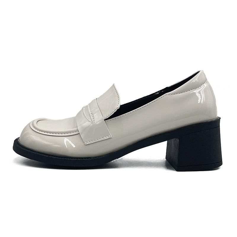 Women's Chunky Heeled Loafers, Faux Patent Leather