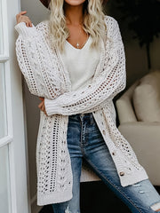  Casual Cardigan Solid Hollow Out Long Sleeve Button Up