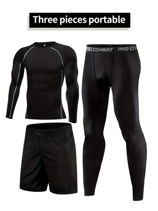 Men's 3pc Compression Suit Set Quick Dry Sweat Absorb Sports Fitness