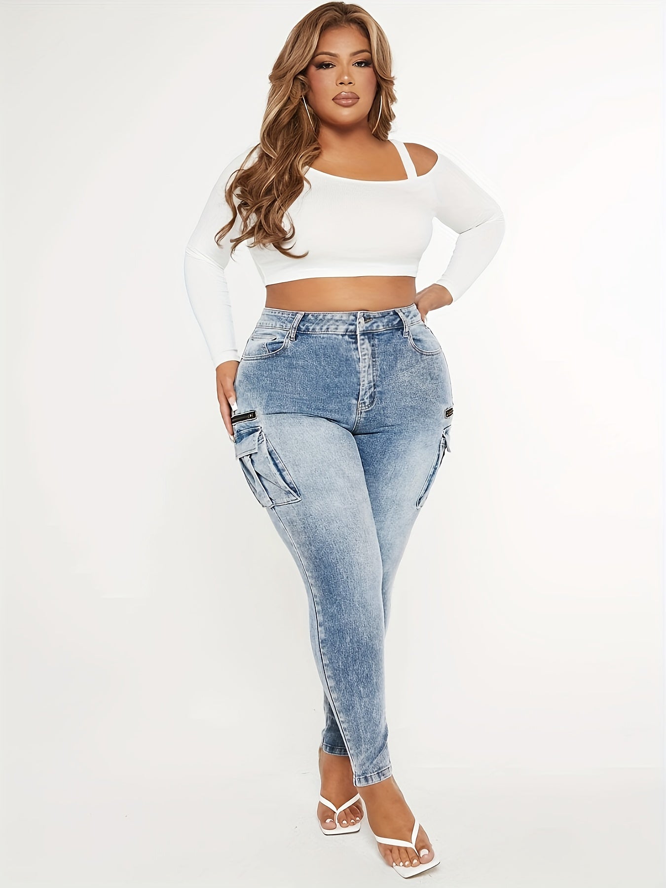  Retro Jeans Women's Plus High Stretch Skinny Cargo Jeans