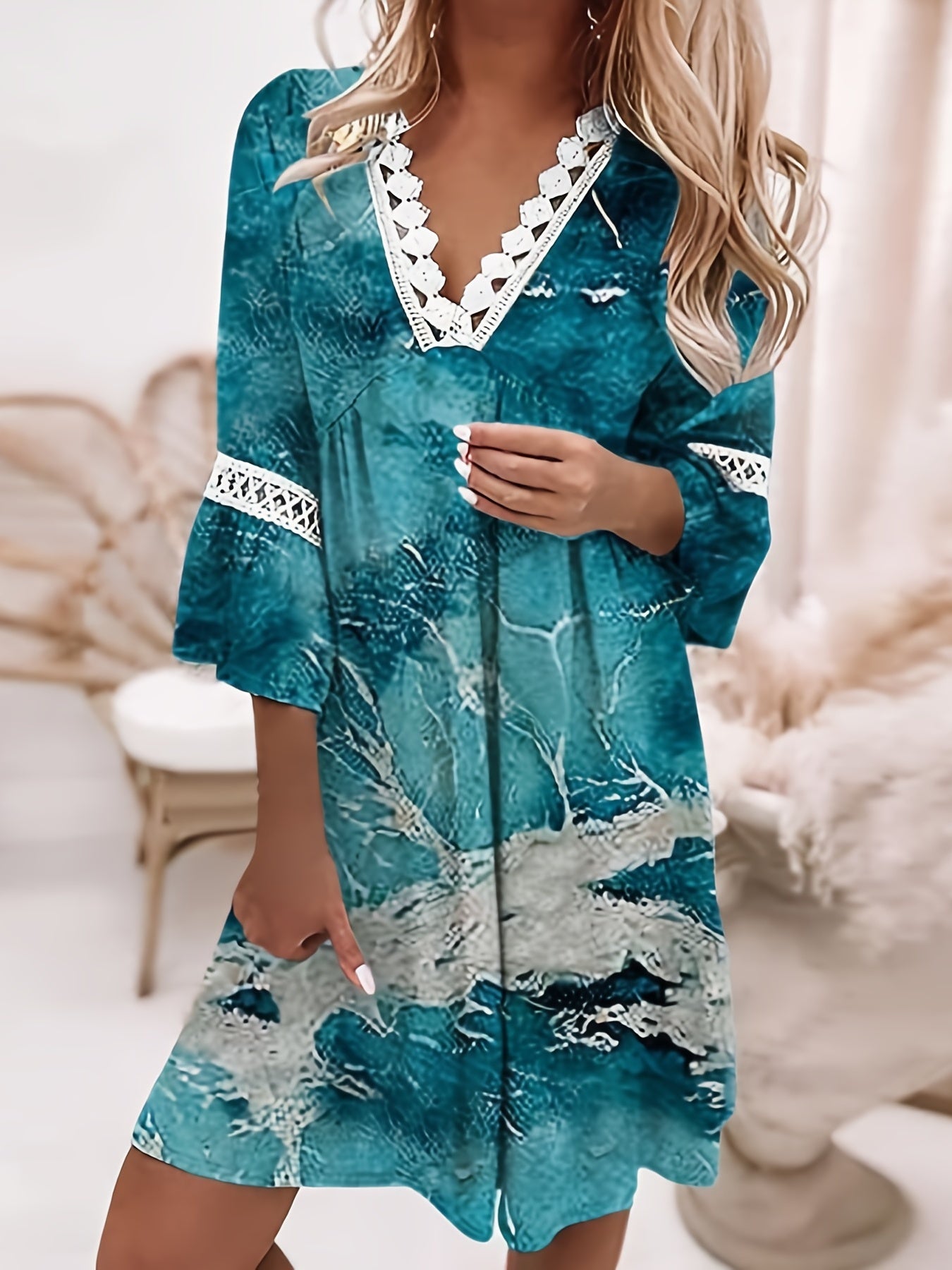 Boho Floral Print Dress Lace Stitching V Neck Half Sleeve Dress