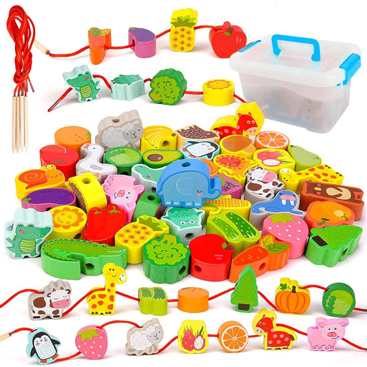 42-Piece Toddler Threading Toy Wooden Educational Learning Toys with Storage Box