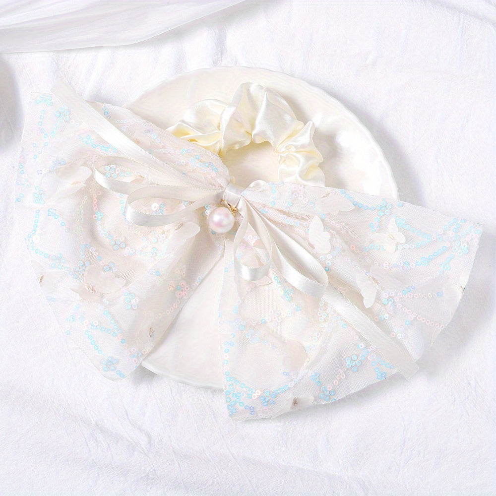Lace Scrunchies Sequin Bow Hair Tie Faux Pearl Ribbon Bow Hair Rope