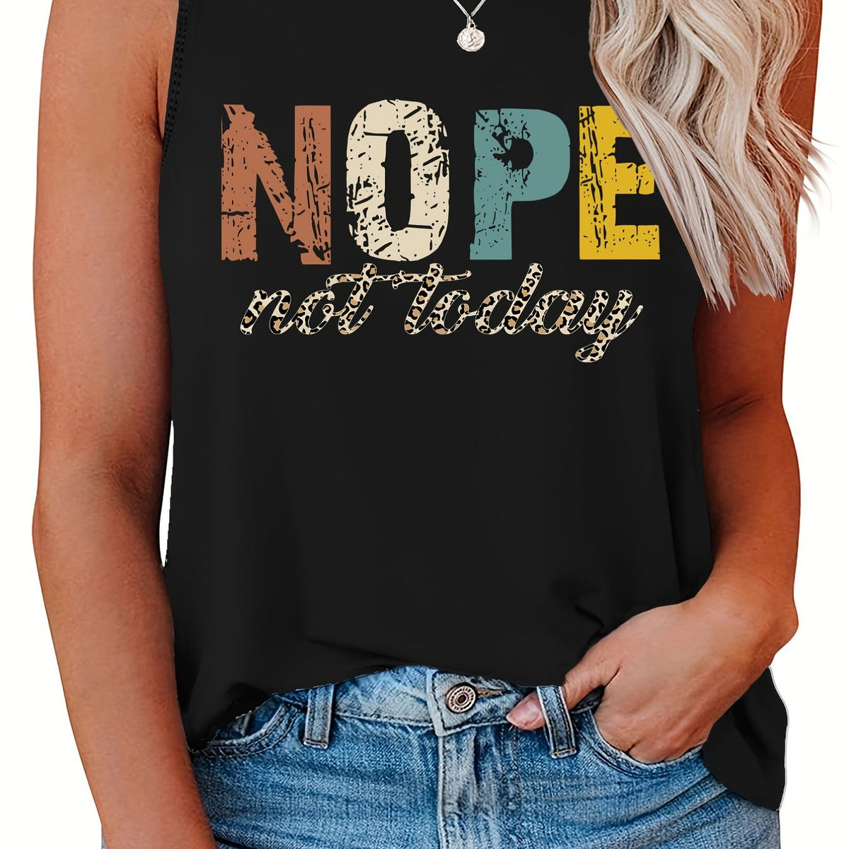  Casual Tank Top Women's Plus Letter Print Round Neck Slight Stretch