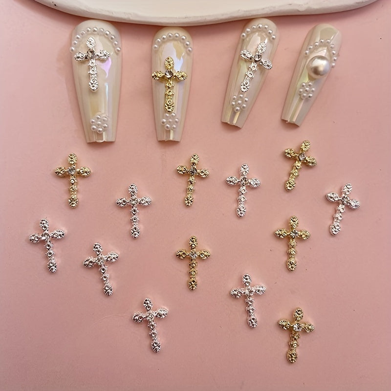 3D Cross Nail Charms with Pearl Gems and Rhinestones