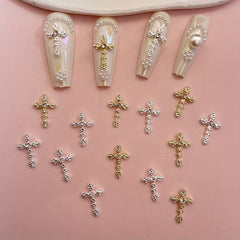3D Cross Nail Charms with Pearl Gems and Rhinestones
