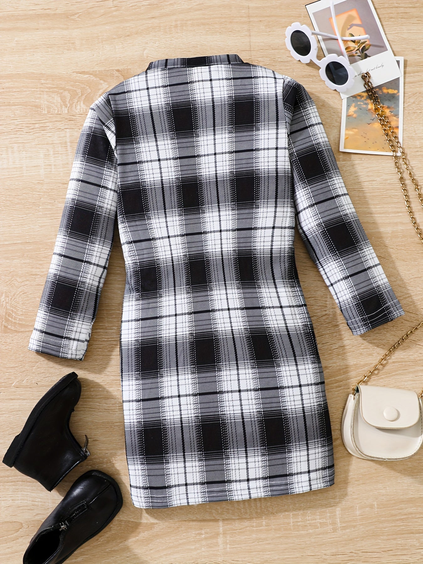 Girl's Plaid Bodycon Dress for Party - Long Sleeve