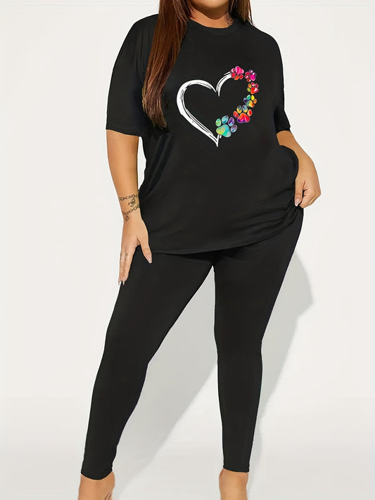 Women's Plus Paw Heart Print Tee & Leggings 2 Piece Set
