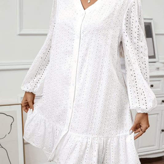  Solid Hollow Out Long Sleeve V Neck Button Up Dress