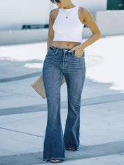  Casual Flared Leg Jeans with Raw Trim Button Fly