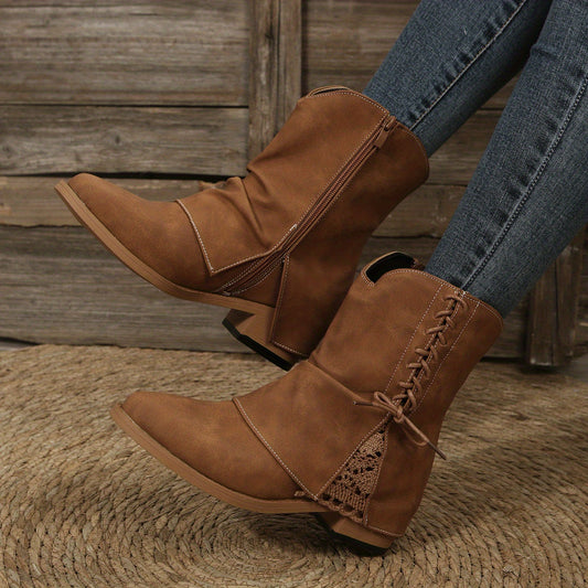 Chunky Heel Lace-Up Ankle Boots Retro Short Boots