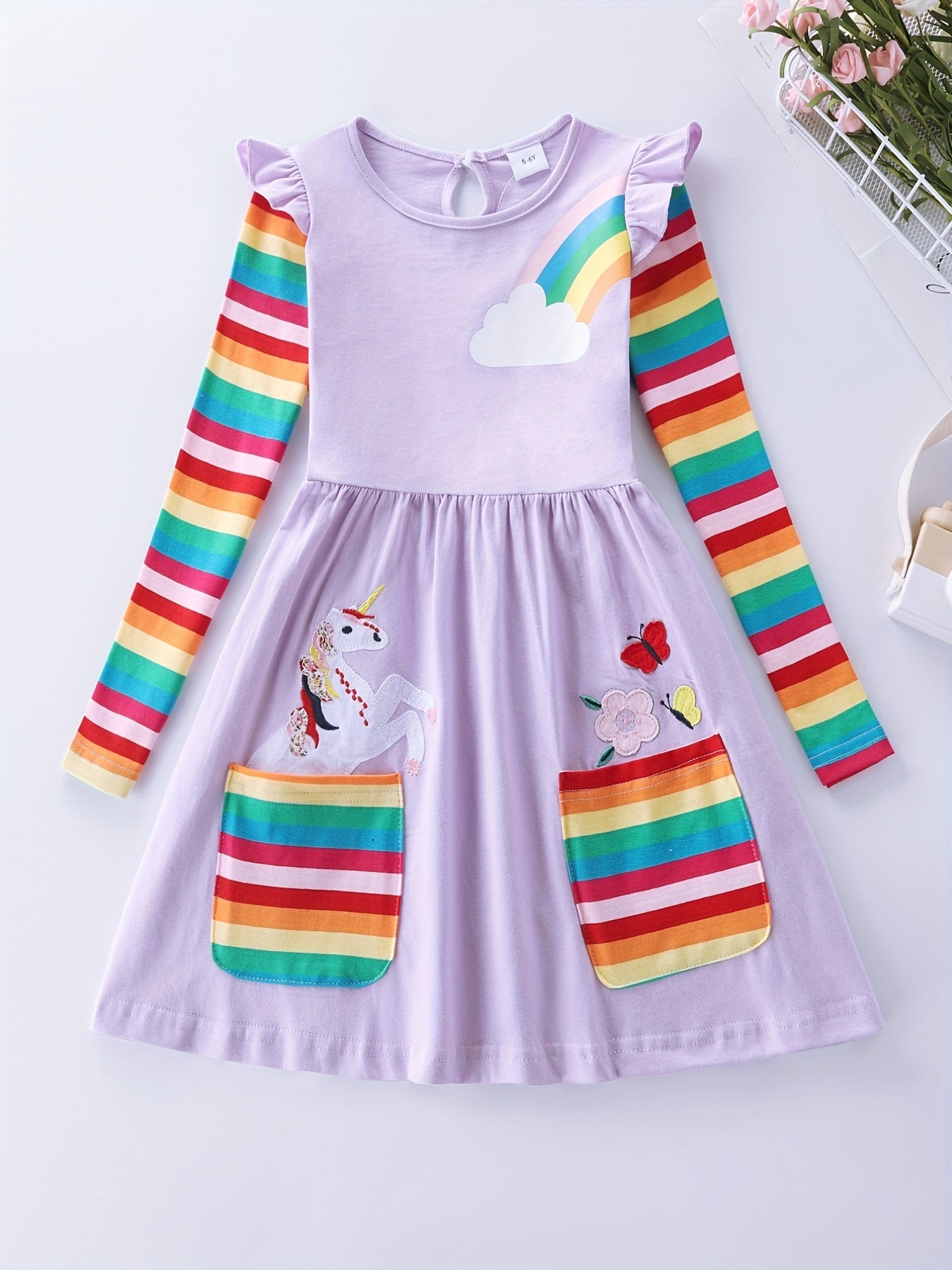 Girls Unicorn Embroidered Dress With Pockets