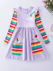 Girls Unicorn Embroidered Dress With Pockets