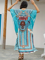  Boho Cover Up Women's Plus Ethnic Print Batwing Sleeve Round Neck