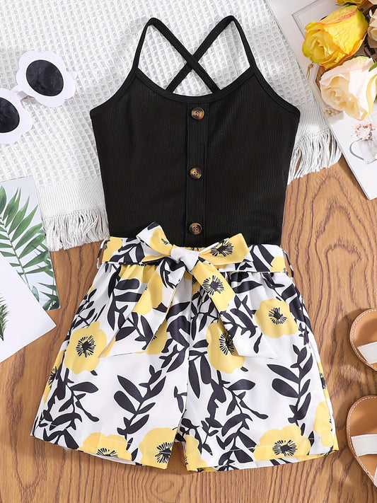 Girls Floral Sleeveless Romper with Belted Jumpsuit
