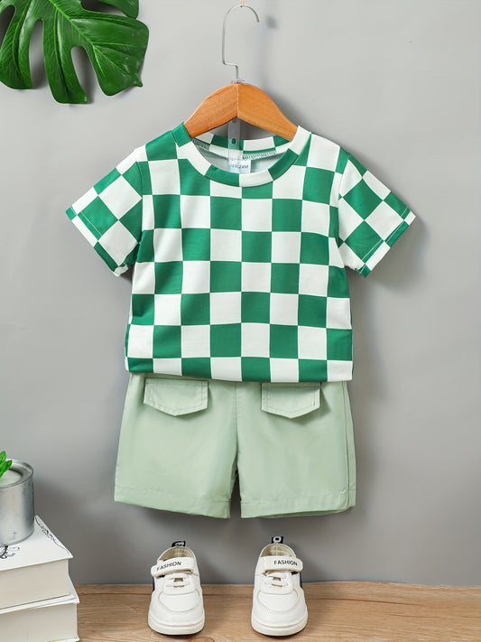 2pcs Boys Teen Checkerboard T-shirt & Shorts Set for Summer