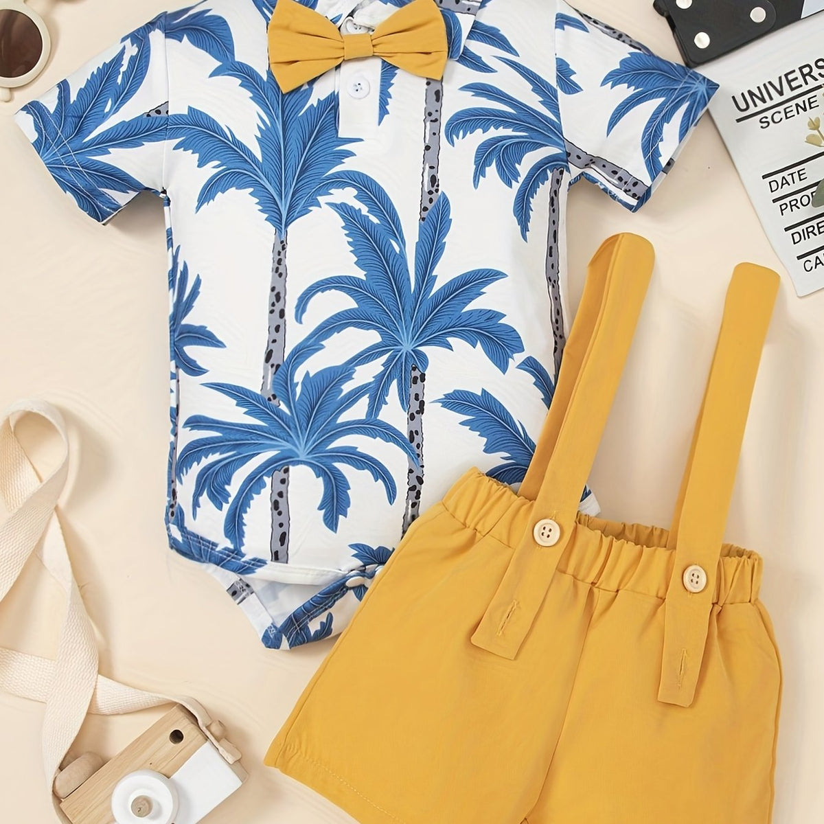 2pcs Baby Boys Coconut Tree Onesie & Suspender Shorts Set