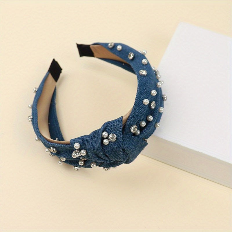 Baroque Style Faux Pearl Headband Denim Hair Band Women
