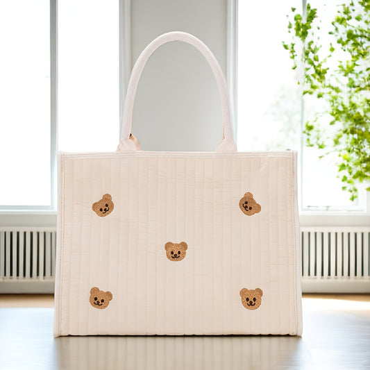 Beige Polyester Diaper Bag with Bear Functional Mommy Tote