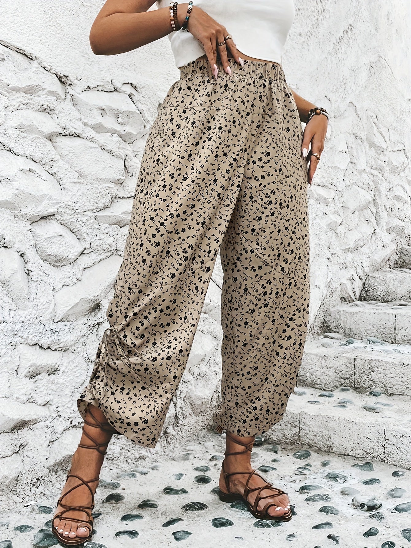  Boho Pants Women's Plus Ditsy Floral Print Wide Leg Trousers