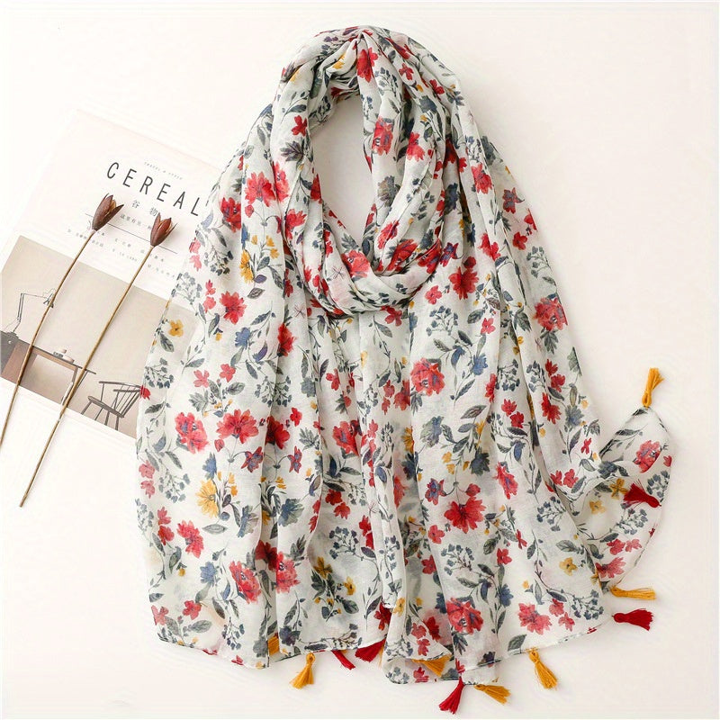 Boho Flower Print Tassel Scarf Vintage Gauze Shawl Hijab Turban