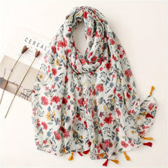 Boho Flower Print Tassel Scarf Vintage Gauze Shawl Hijab Turban