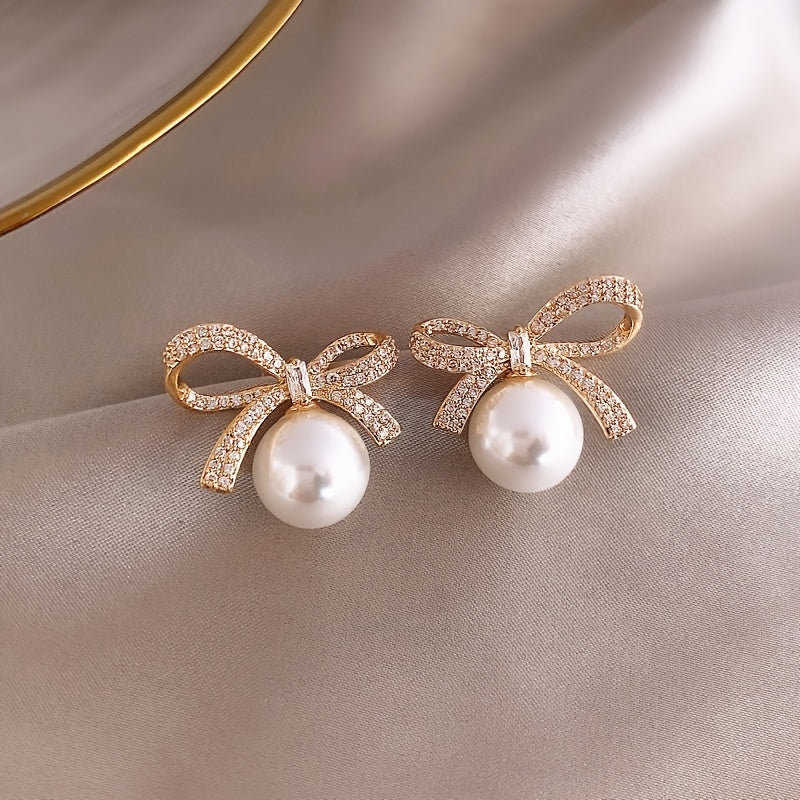 18K Plated Bow Rhinestone Pearl Stud Earrings Women's Jewelry