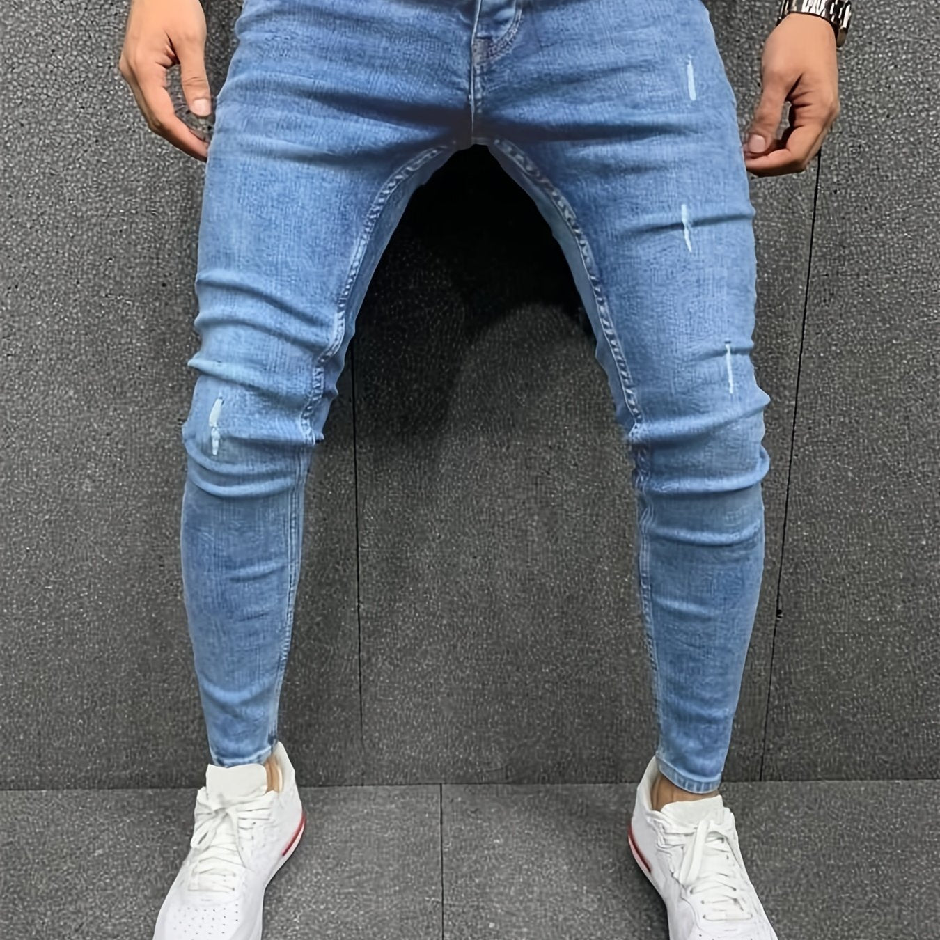 Men's Distressed Cotton Jeans Slim Fit Street Style Denim Pants
