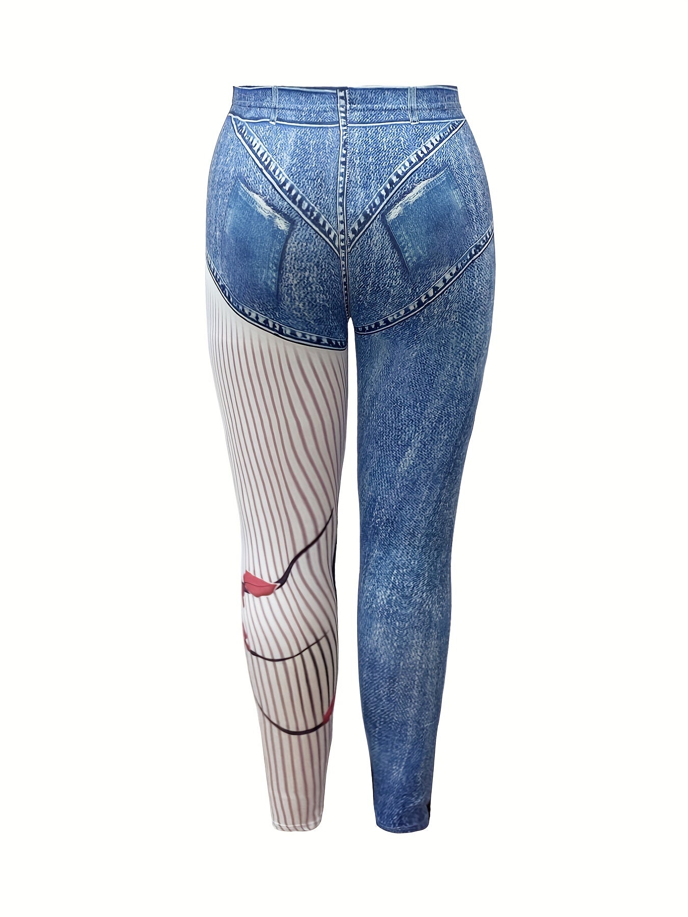  Colorblock Denim Print High Rise Leggings