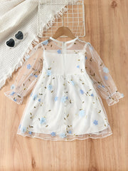 Girls Long Sleeve Flower Mesh Dress Sweet Princess Summer